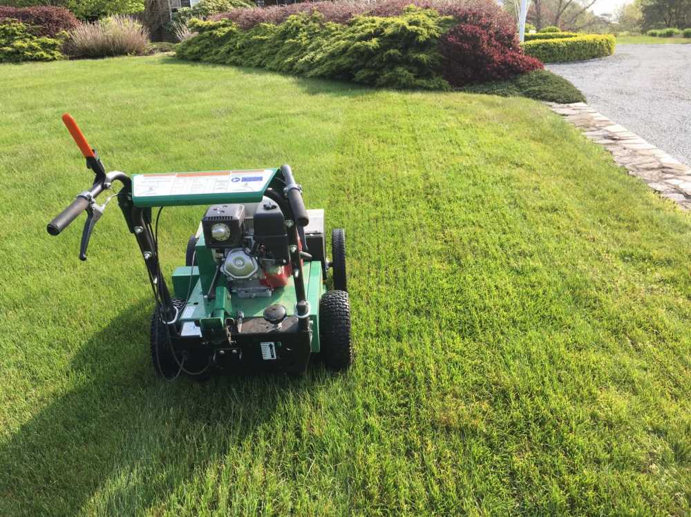 Over-seeding or slice seeding is a great way to strengthen your lawn without toxic pesticides.  We use the machine pictured to cut slices in the soil and inject grass seed.  The late summer or early fall are great times to have your turf repaired.  Call A